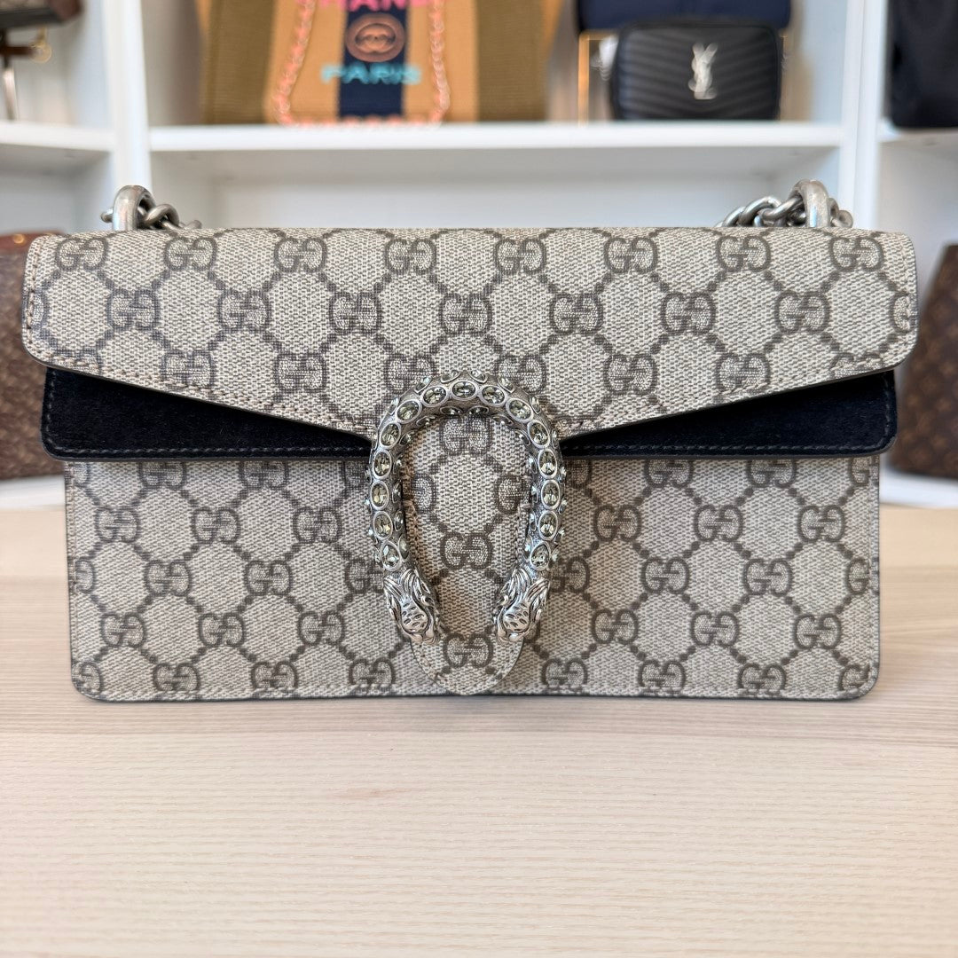 Gucci GG Supreme Monogram Suede Crystal Small Dionysus Shoulder Bag Black