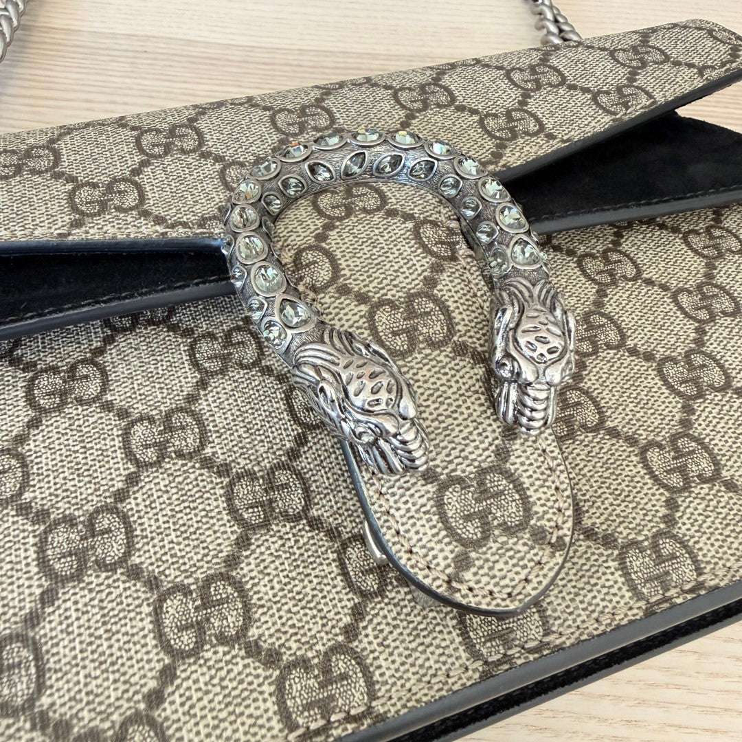 Gucci GG Supreme Monogram Suede Crystal Small Dionysus Shoulder Bag Black