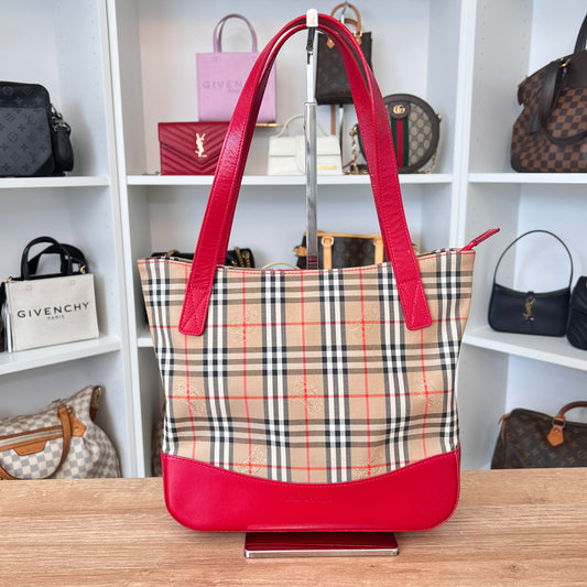 Burberry Red Haymarket Check Canvas Tote Small