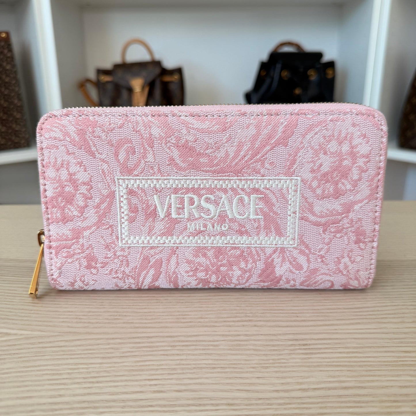 Versace Athena Zip Around Wallet Jacquard Leather Pink