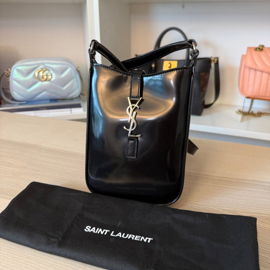 SAINT LAURENT YSL Le 5 a 7 Vertical Shoulder Bag Leather Mini Patent Black Silver Hardware