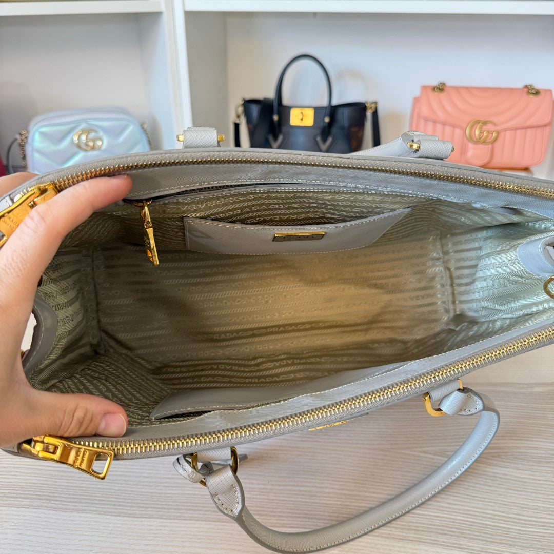 Prada Saffiano Large Galleria Double Zip Tote Grey