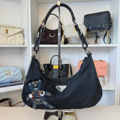 Prada Tessuto Nylon Vela Raso Bear Hobo Black