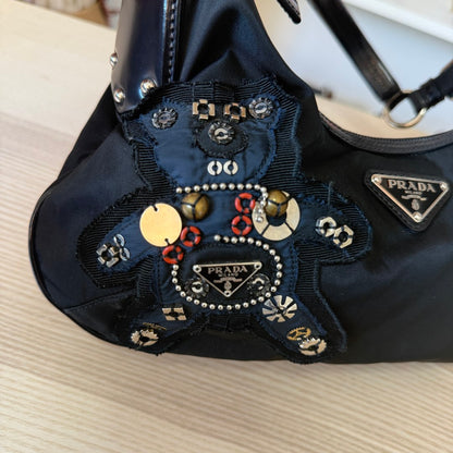 Prada Tessuto Nylon Vela Raso Bear Hobo Black