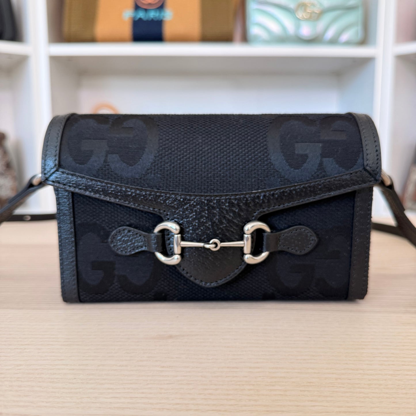 Gucci Monogram Jumbo GG Mini Horsebit 1955 Shoulder Bag Black