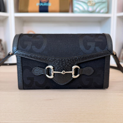 Gucci Monogram Jumbo GG Mini Horsebit 1955 Shoulder Bag Black