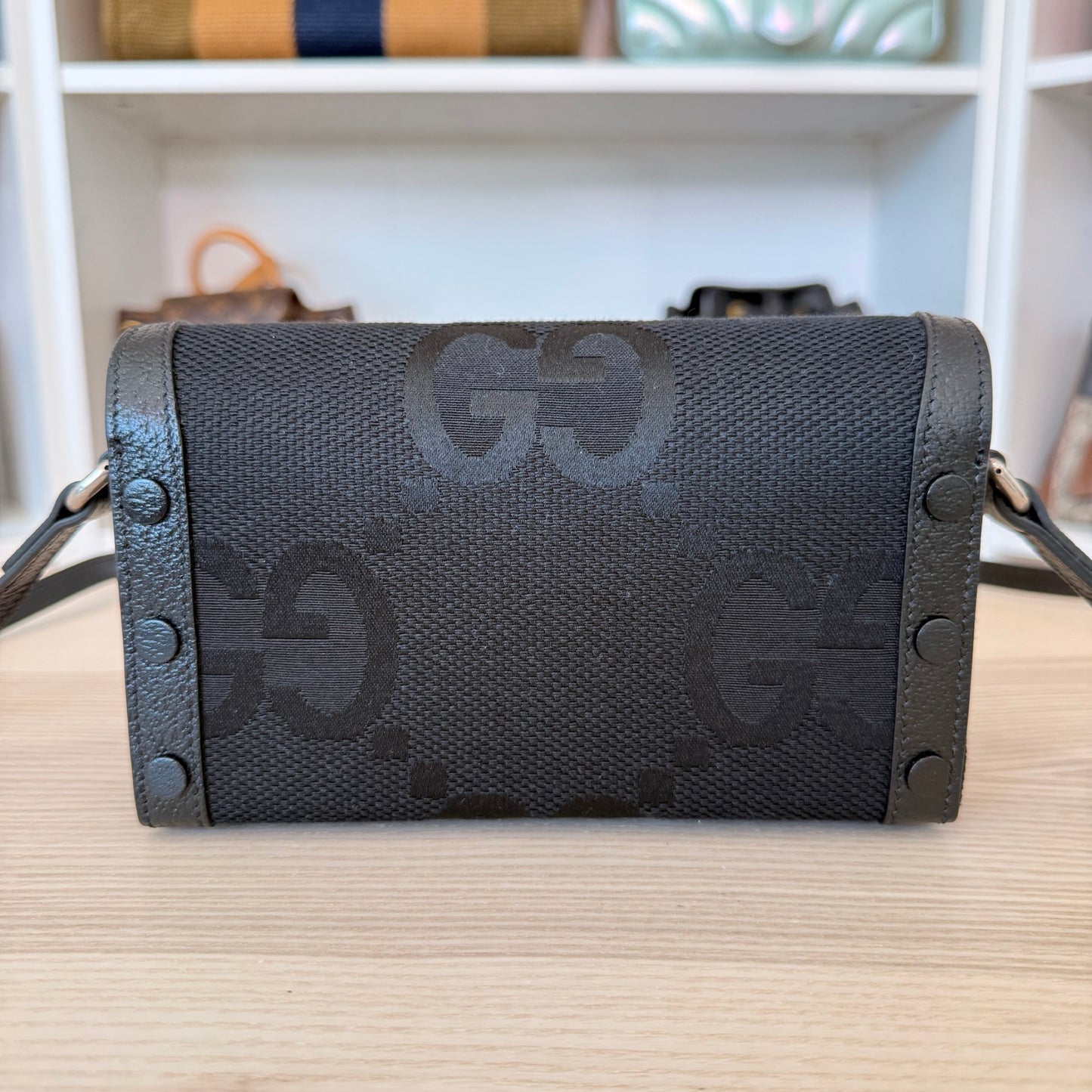 Gucci Monogram Jumbo GG Mini Horsebit 1955 Shoulder Bag Black