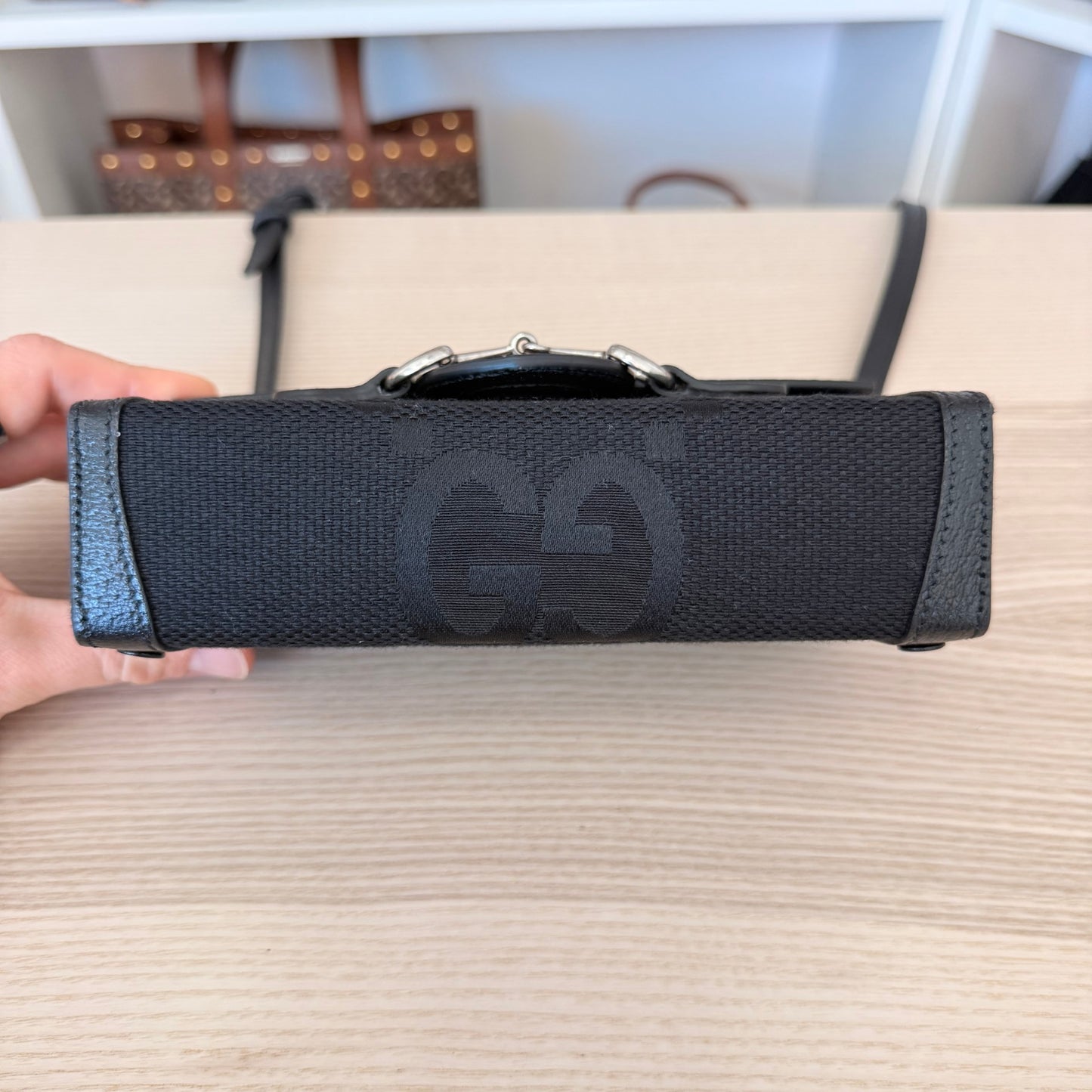 Gucci Monogram Jumbo GG Mini Horsebit 1955 Shoulder Bag Black