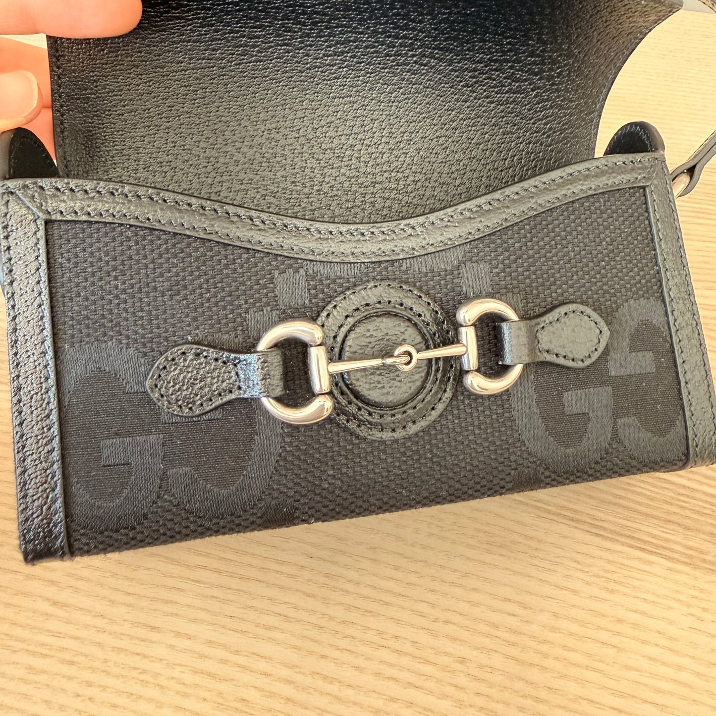 Gucci Monogram Jumbo GG Mini Horsebit 1955 Shoulder Bag Black