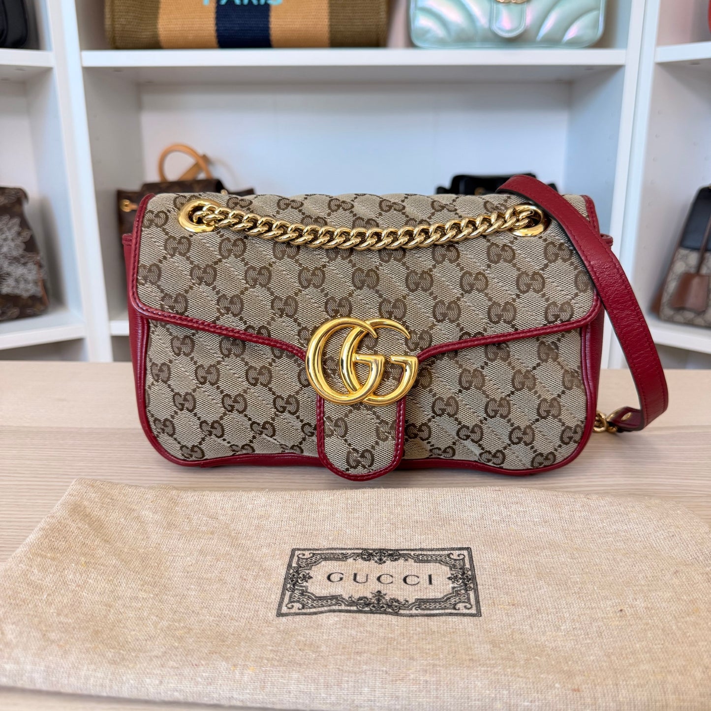Gucci Monogram GG Azalea Matelasse Marmont Chain Shoulder Bag Beige Ebony
