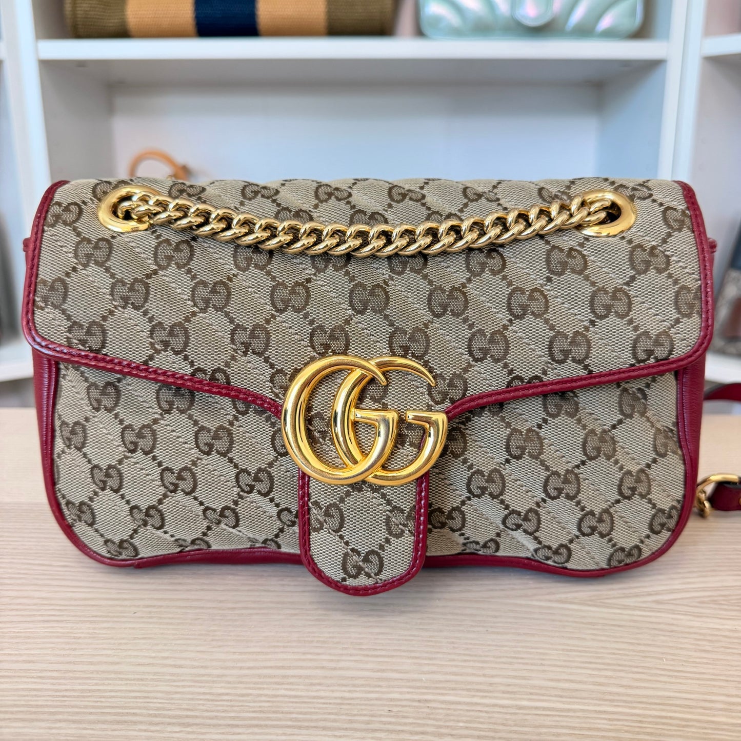 Gucci Monogram GG Azalea Matelasse Marmont Chain Shoulder Bag Beige Ebony