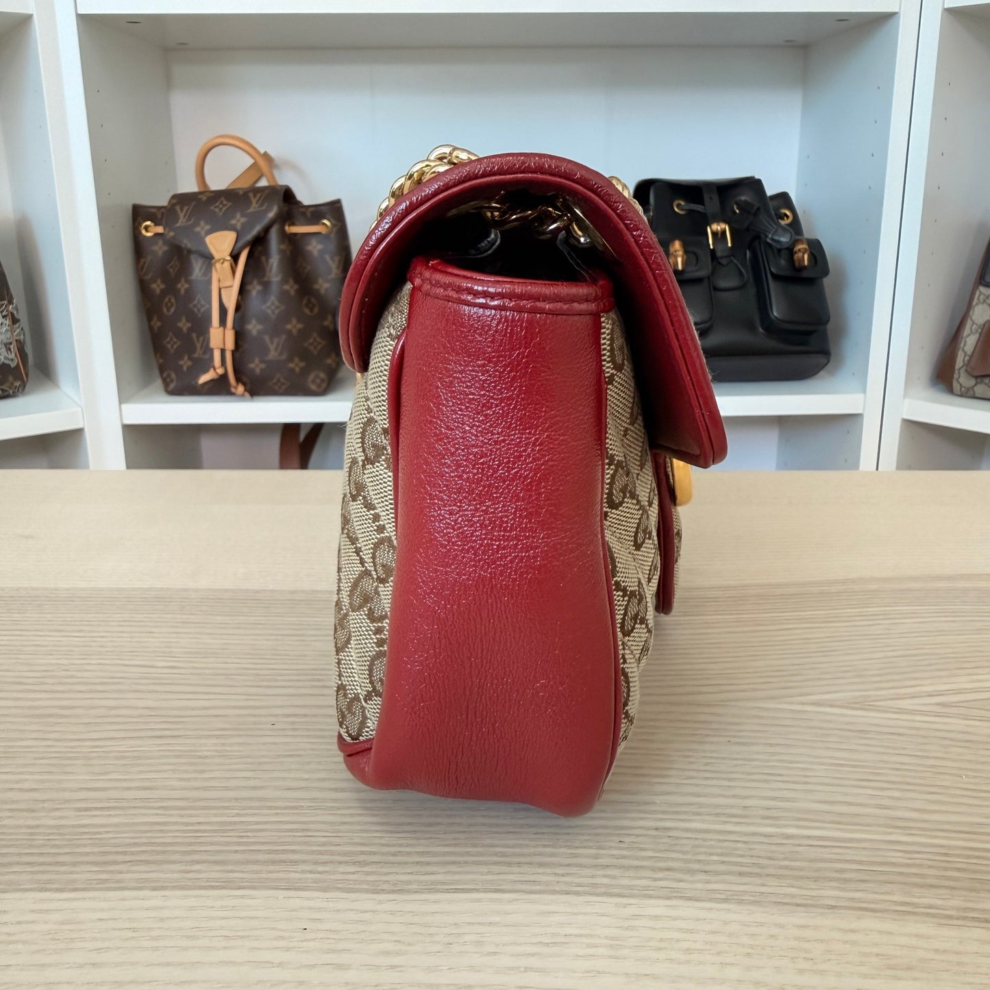 Gucci Monogram GG Azalea Matelasse Marmont Chain Shoulder Bag Beige Ebony