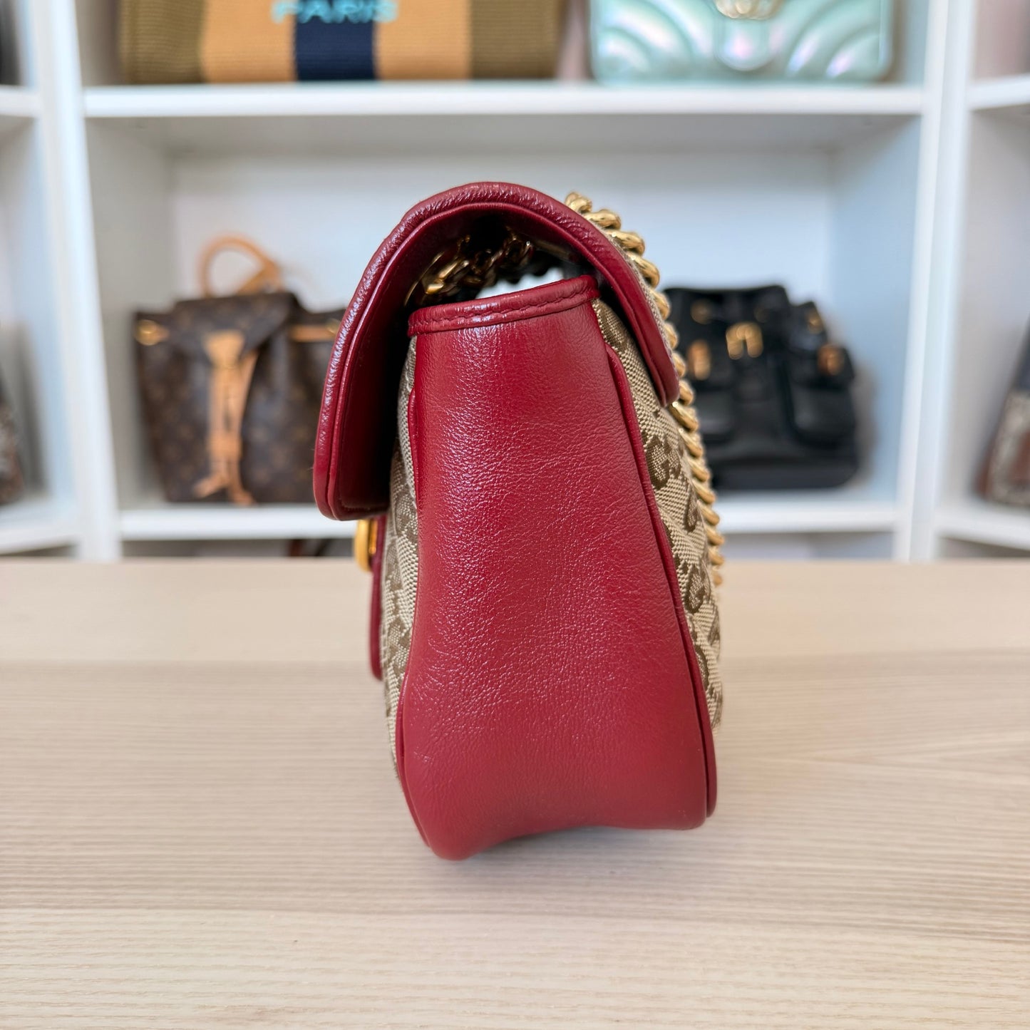 Gucci Monogram GG Azalea Matelasse Marmont Chain Shoulder Bag Beige Ebony