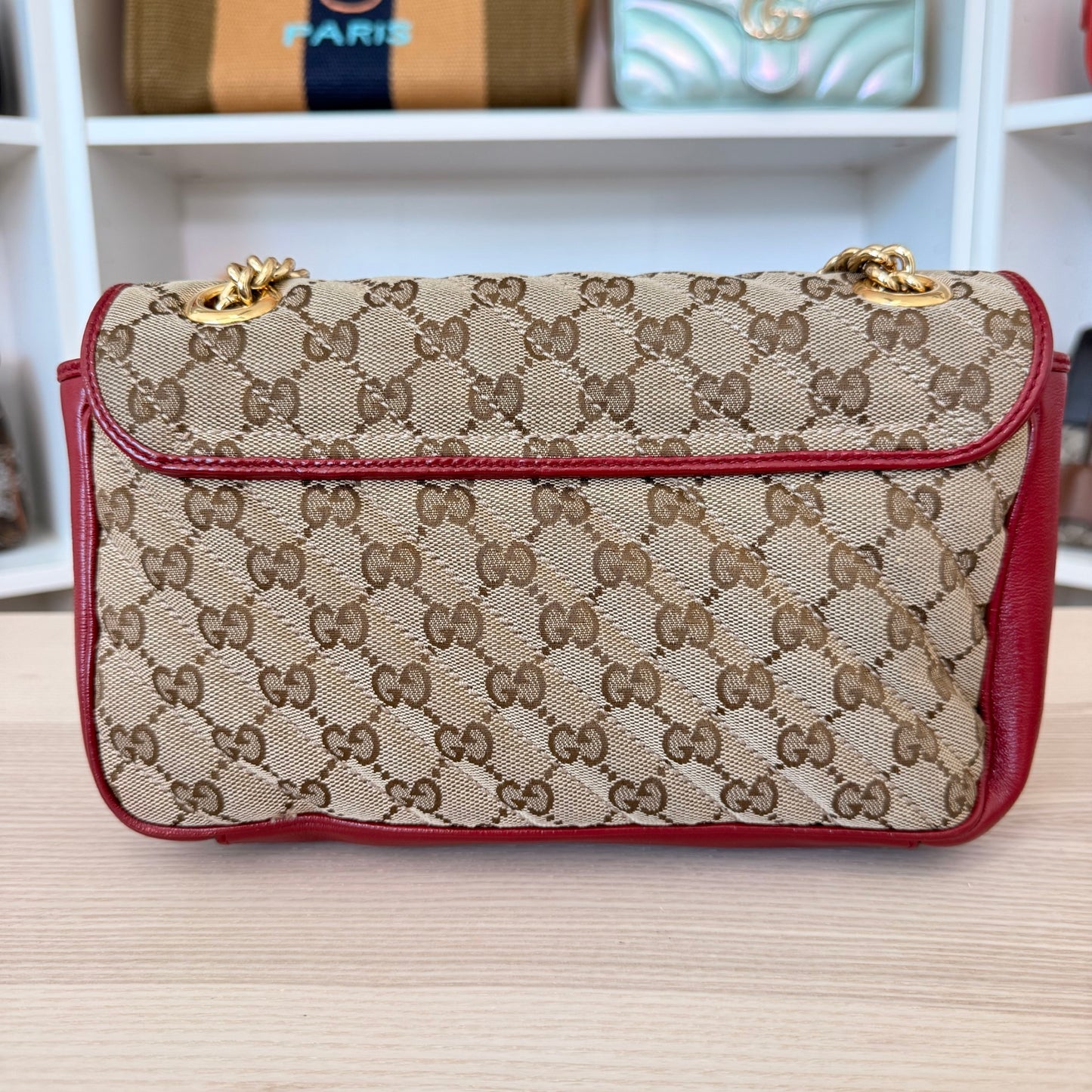 Gucci Monogram GG Azalea Matelasse Marmont Chain Shoulder Bag Beige Ebony