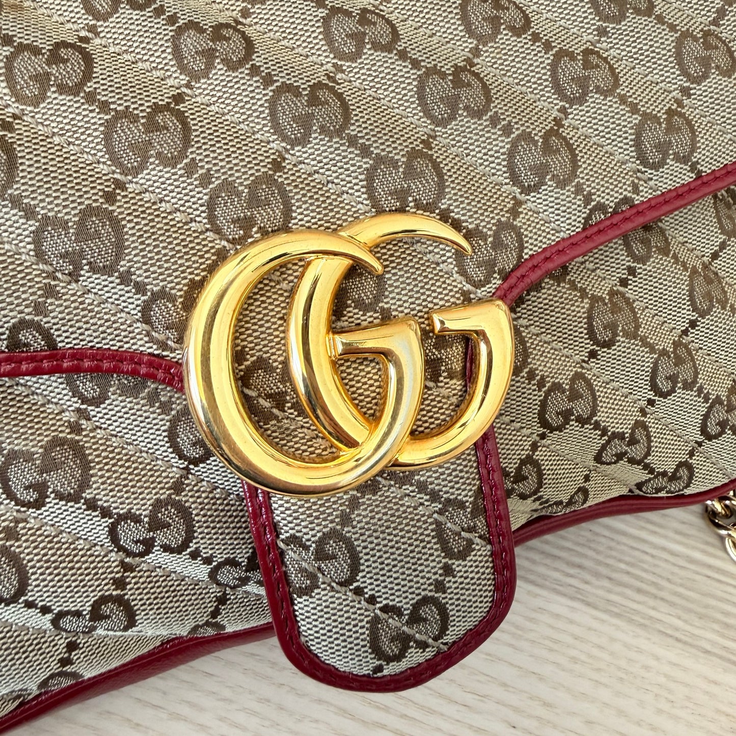 Gucci Monogram GG Azalea Matelasse Marmont Chain Shoulder Bag Beige Ebony