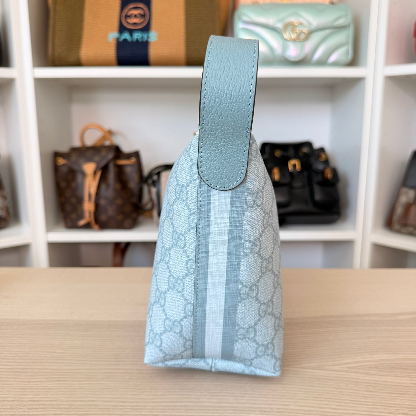 Gucci GG Supreme Monogram Super Mini Ophidia Shoulder Bag Dusty Blue