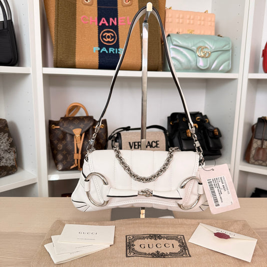 Gucci Nappa Matelasse Small Horsebit Chain Shoulder Bag White