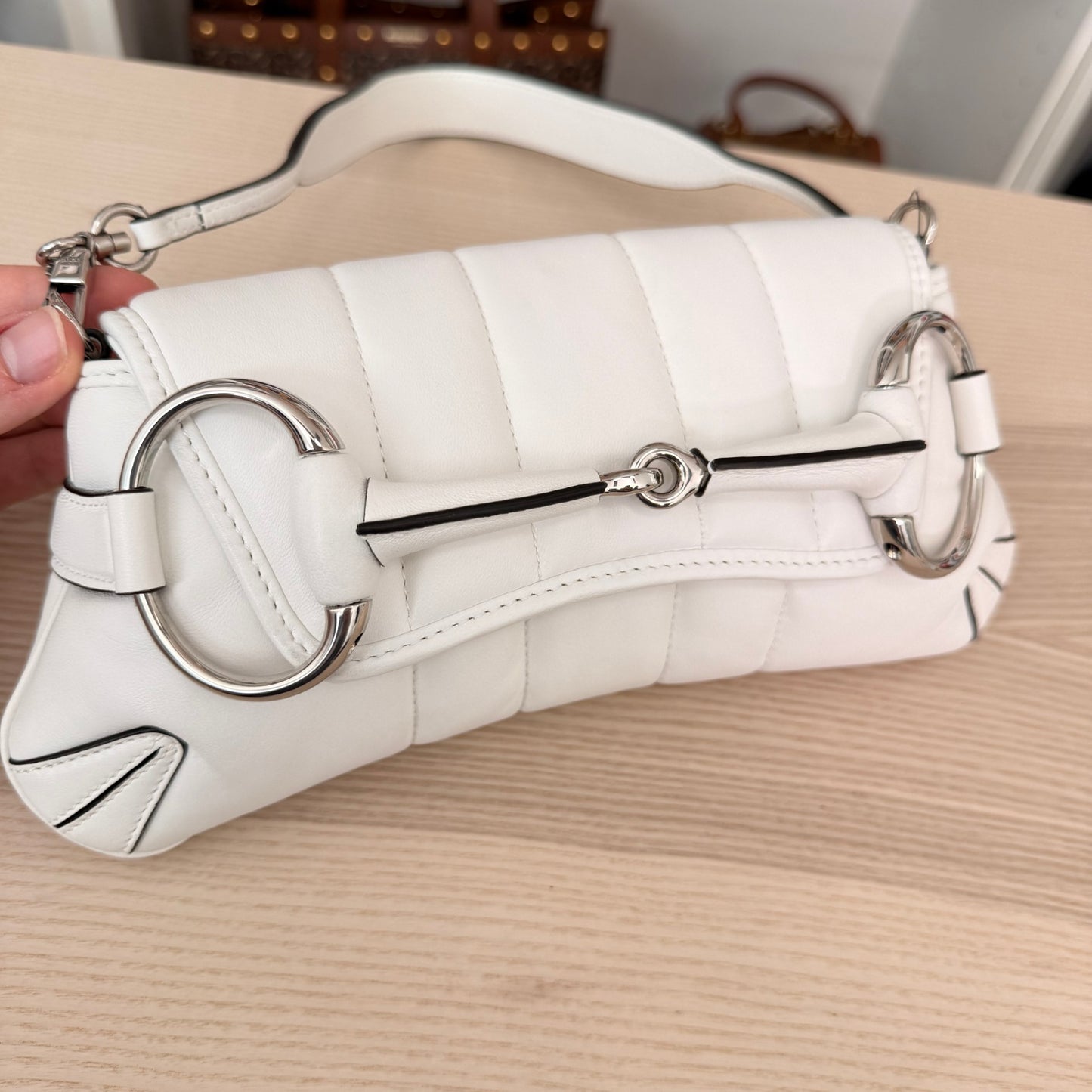 Gucci Nappa Matelasse Small Horsebit Chain Shoulder Bag White