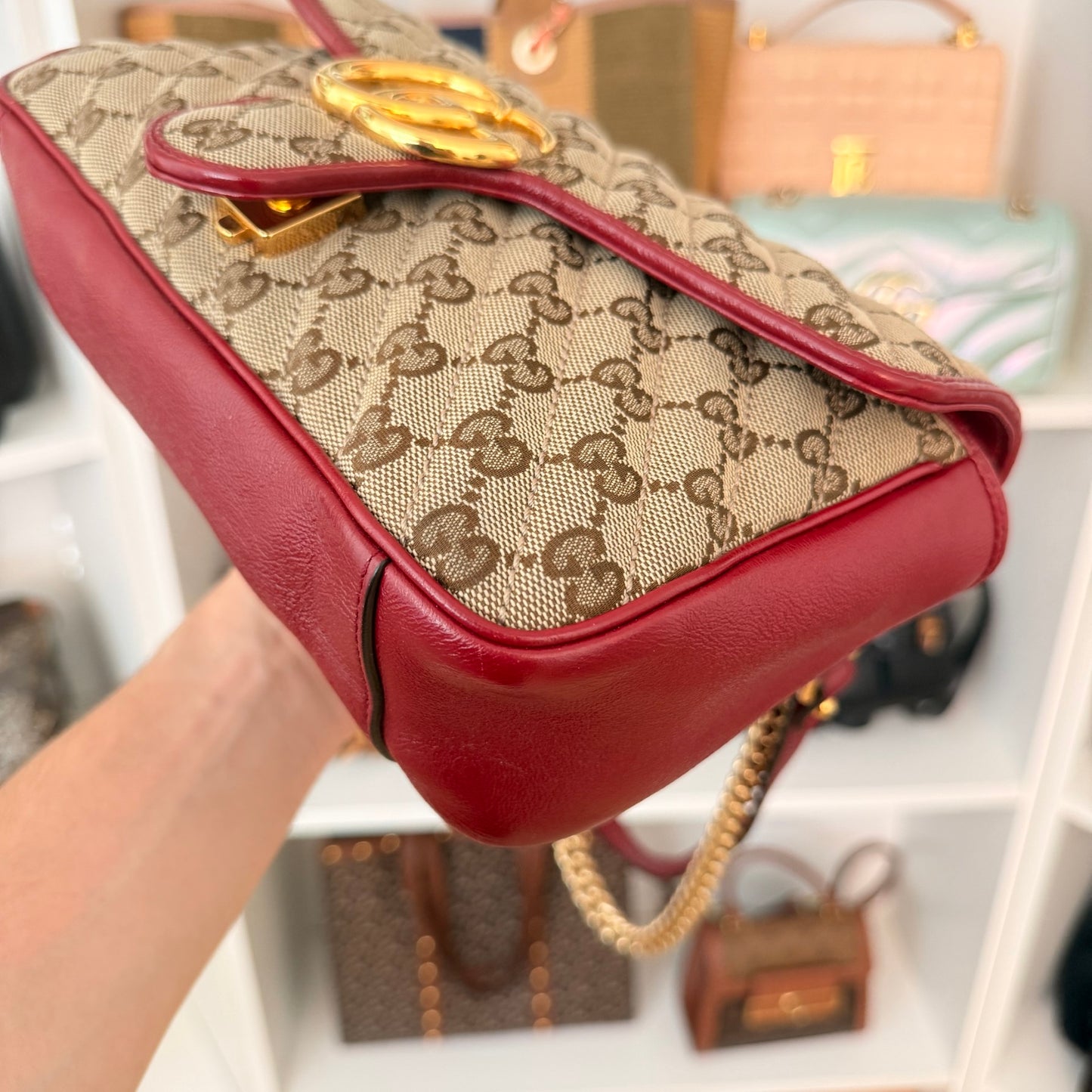 Gucci Monogram GG Azalea Matelasse Marmont Chain Shoulder Bag Beige Ebony