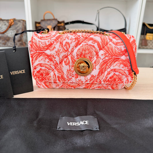 Versace Baroque Jacquard Quilted Small Medusa Shoulder Bag Red/Orange