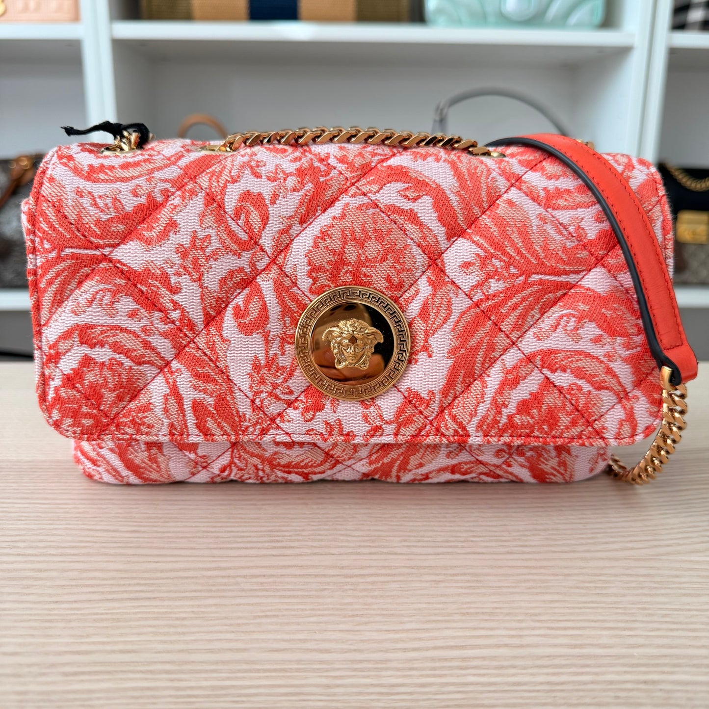 Versace Baroque Jacquard Quilted Small Medusa Shoulder Bag Red/Orange