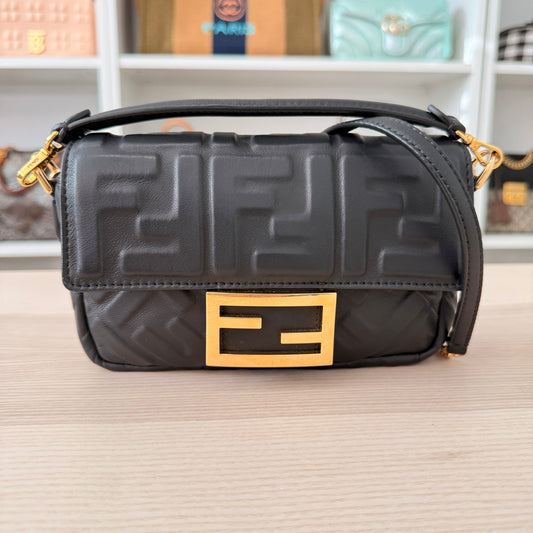 Fendi Nappa FF 1974 Embossed Mini Baguette Black