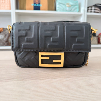 Fendi Nappa FF 1974 Embossed Mini Baguette Black