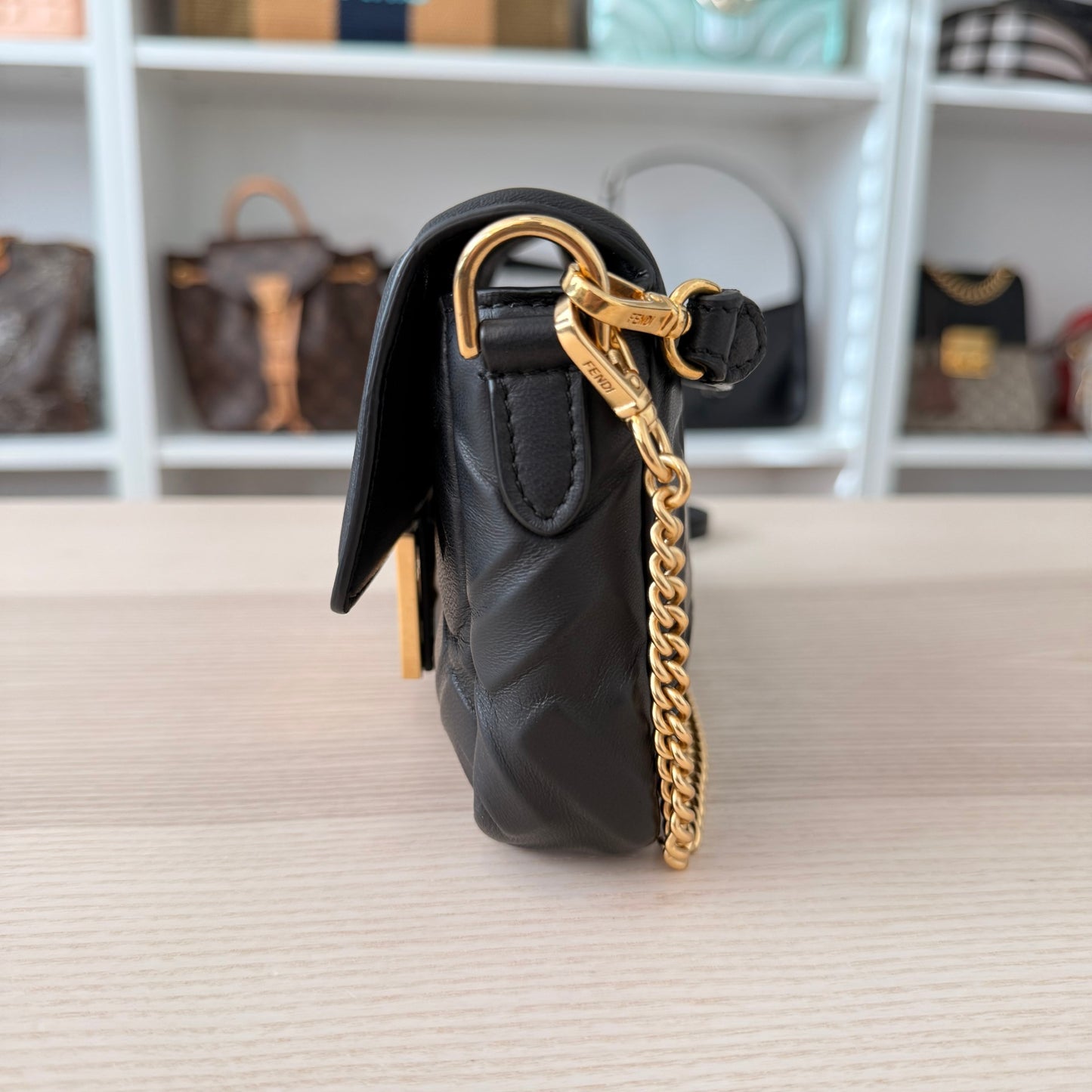 Fendi Nappa FF 1974 Embossed Mini Baguette Black