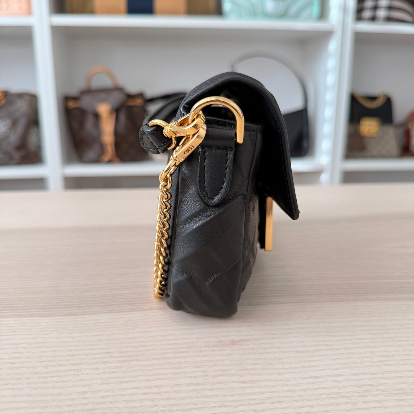 Fendi Nappa FF 1974 Embossed Mini Baguette Black