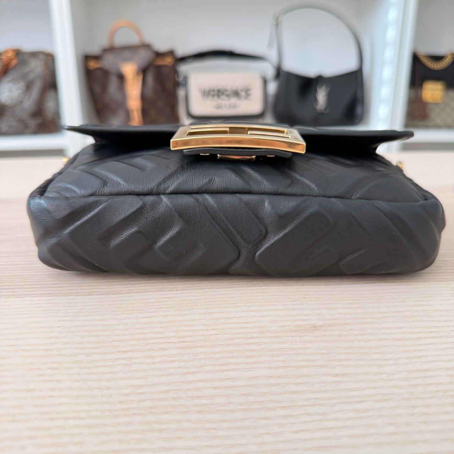 Fendi Nappa FF 1974 Embossed Mini Baguette Black