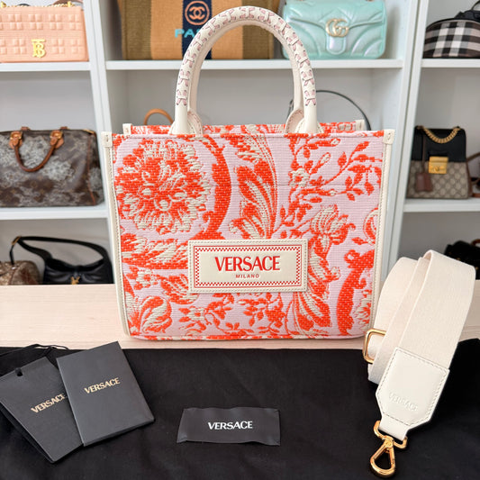 Versace Small Athena Jacquard Raffia Tote Bag Red/Orange