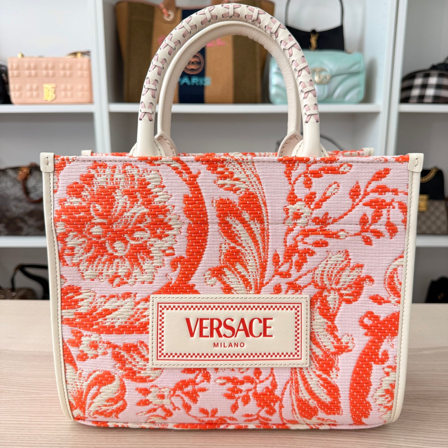 Versace Small Athena Jacquard Raffia Tote Bag Red/Orange
