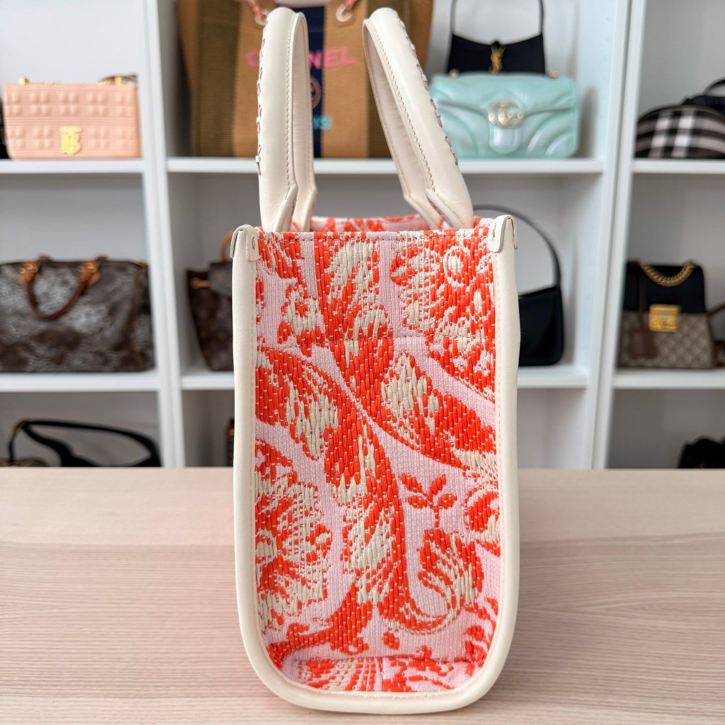 Versace Small Athena Jacquard Raffia Tote Bag Red/Orange