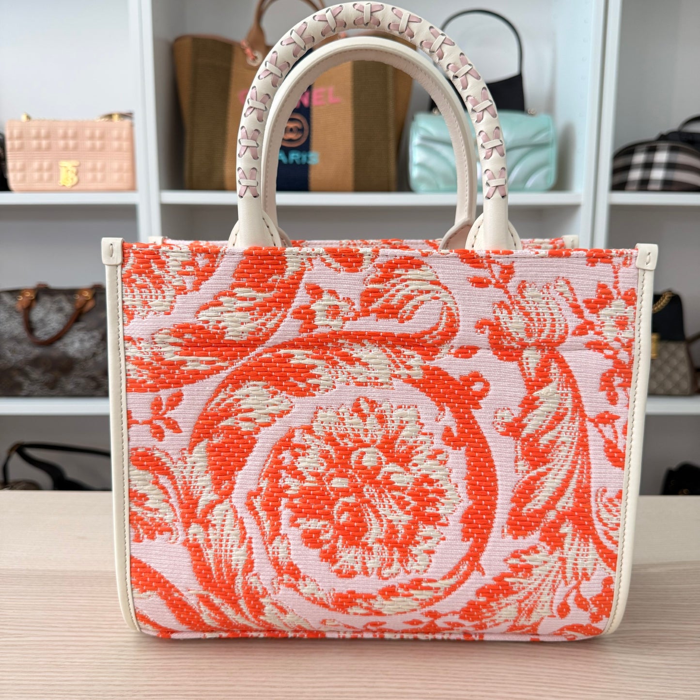 Versace Small Athena Jacquard Raffia Tote Bag Red/Orange