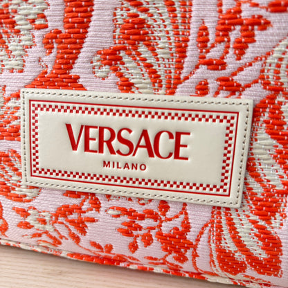 Versace Small Athena Jacquard Raffia Tote Bag Red/Orange