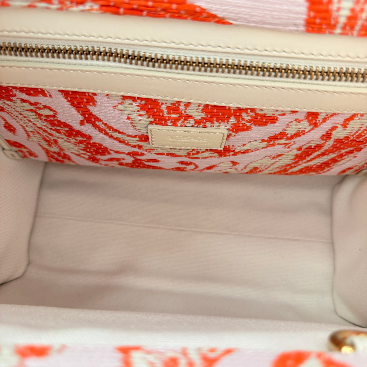 Versace Small Athena Jacquard Raffia Tote Bag Red/Orange