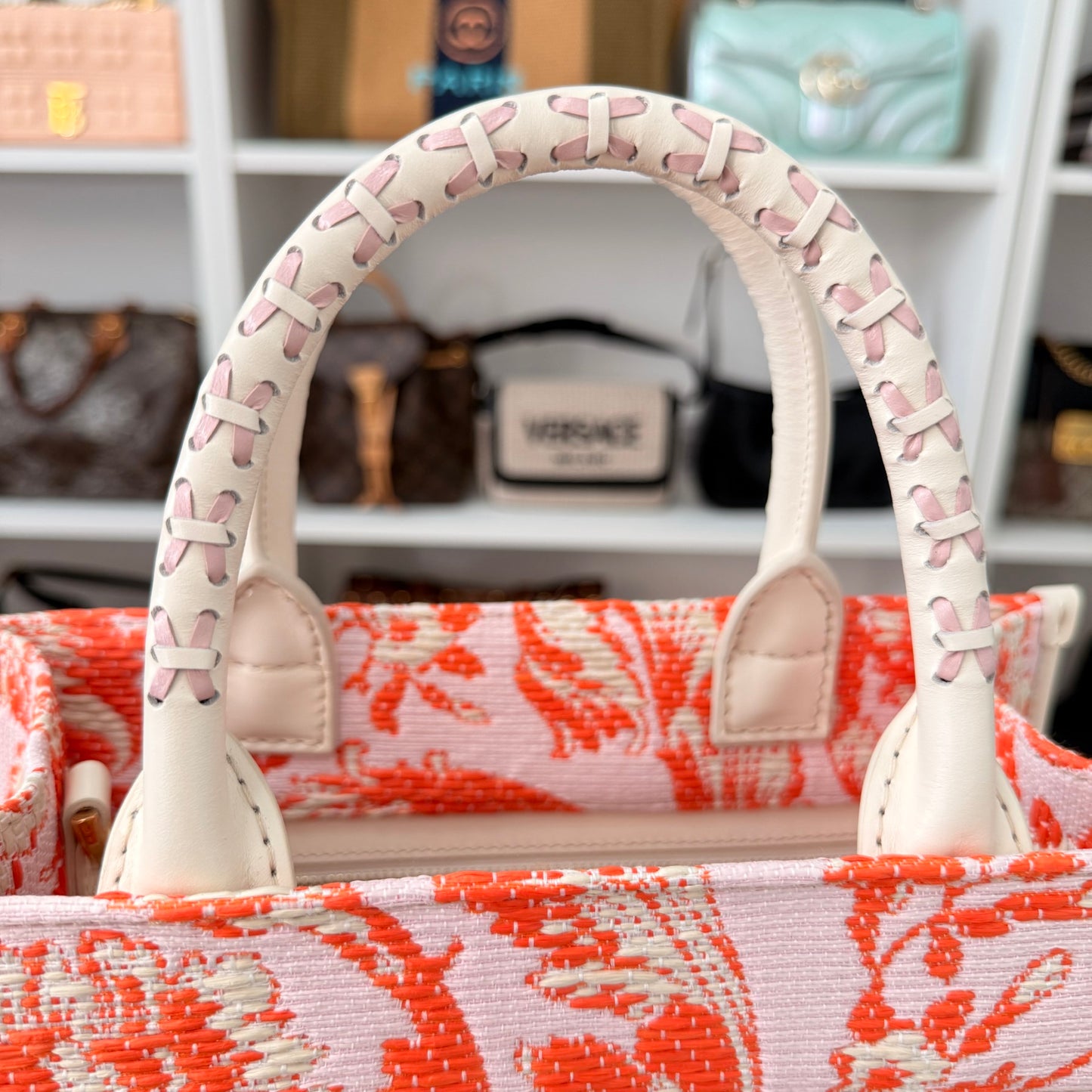 Versace Small Athena Jacquard Raffia Tote Bag Red/Orange