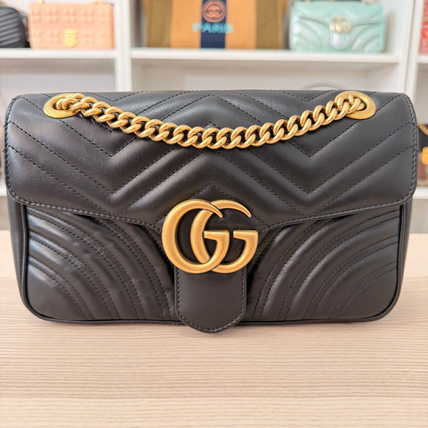 Gucci Calfskin Matelasse Small GG Marmont Shoulder Bag Black