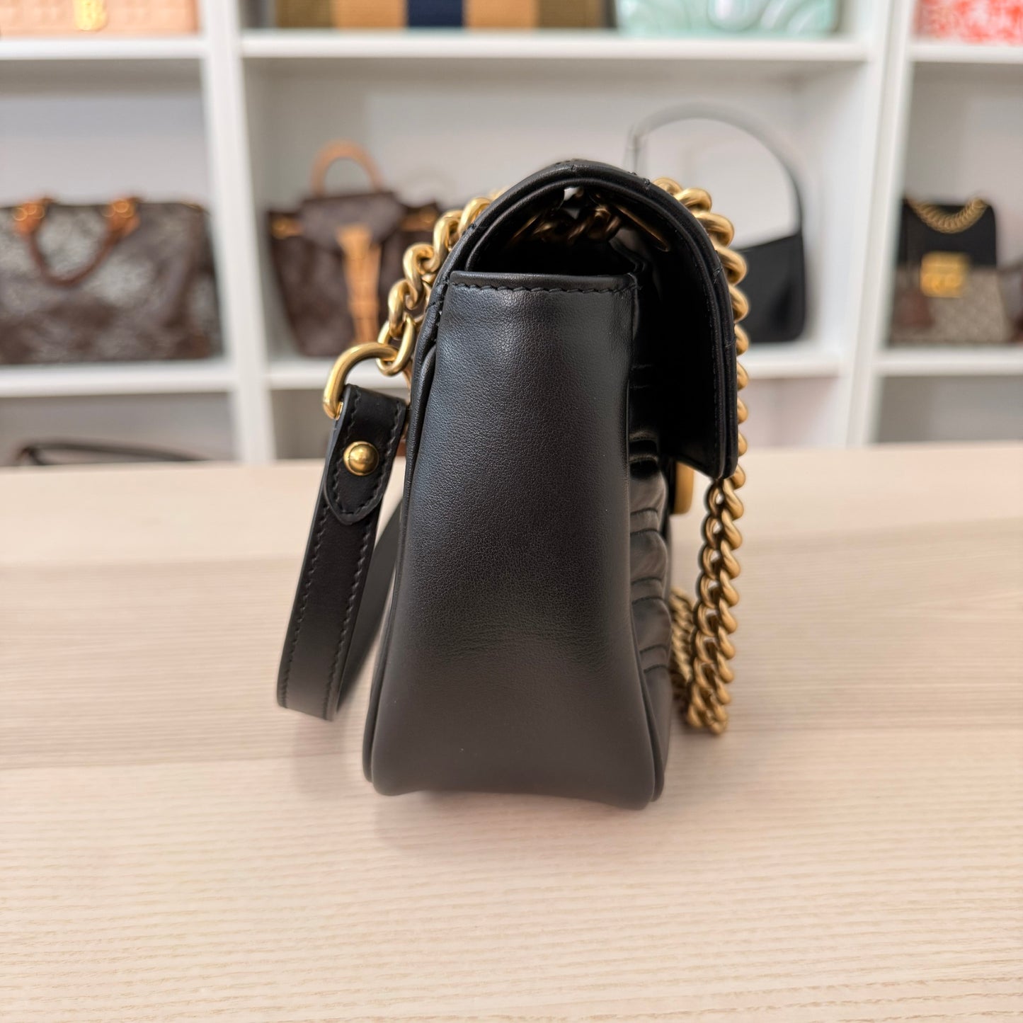Gucci Calfskin Matelasse Small GG Marmont Shoulder Bag Black