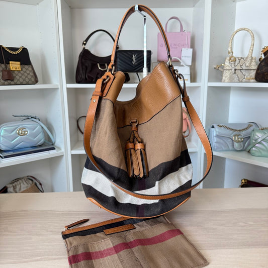 Burberry Saddle Brown Check Canvas Ashby Tassel Bucket Bag