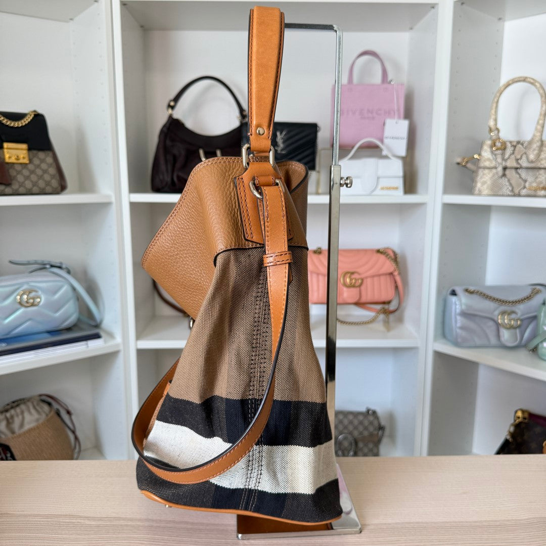 Burberry Saddle Brown Check Canvas Ashby Tassel Bucket Bag