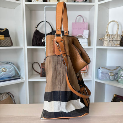 Burberry Saddle Brown Check Canvas Ashby Tassel Bucket Bag