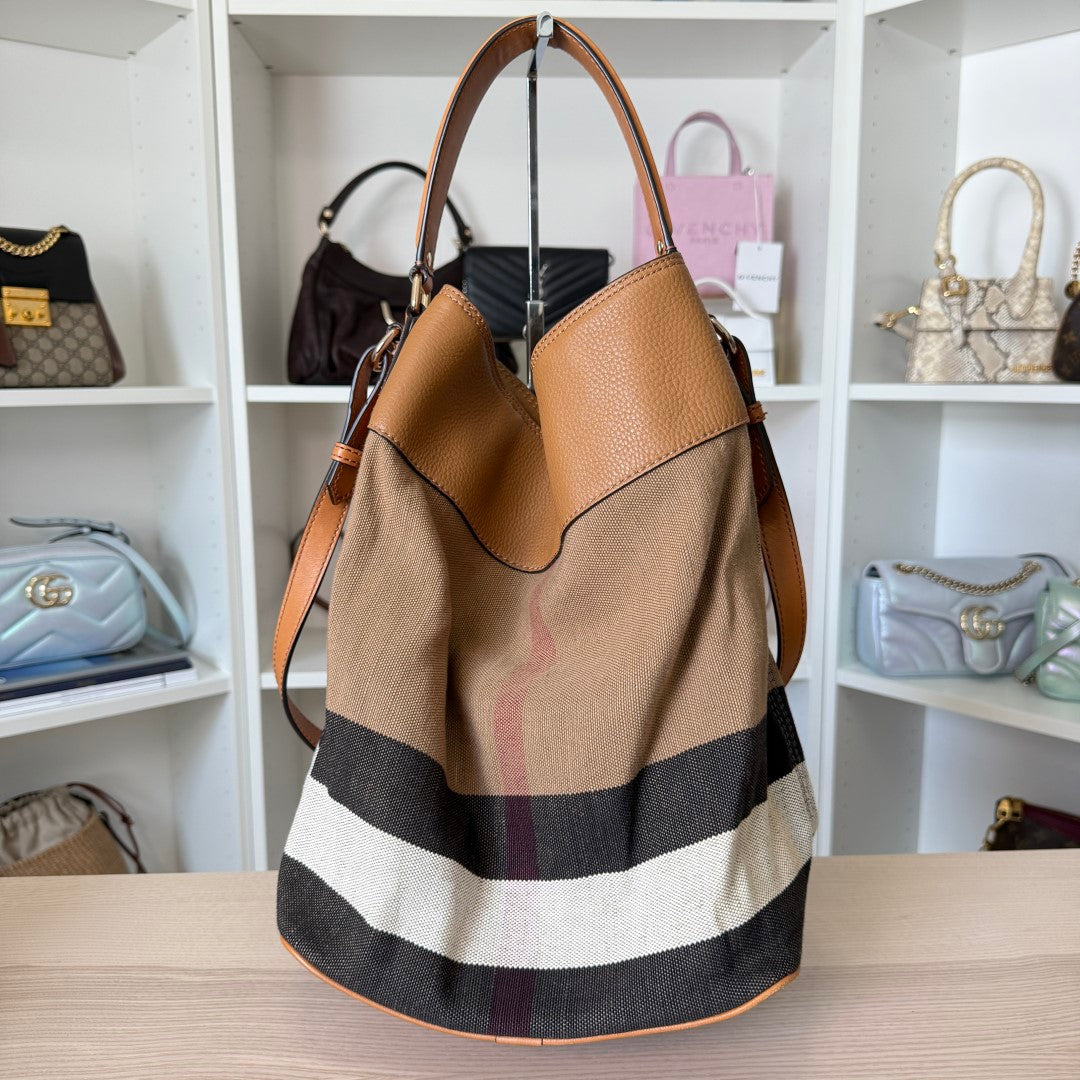 Burberry Saddle Brown Check Canvas Ashby Tassel Bucket Bag