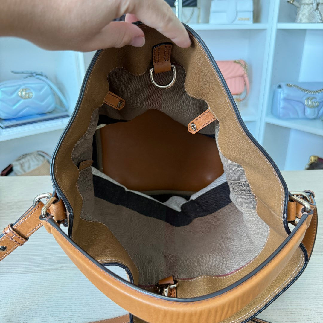 Burberry Saddle Brown Check Canvas Ashby Tassel Bucket Bag