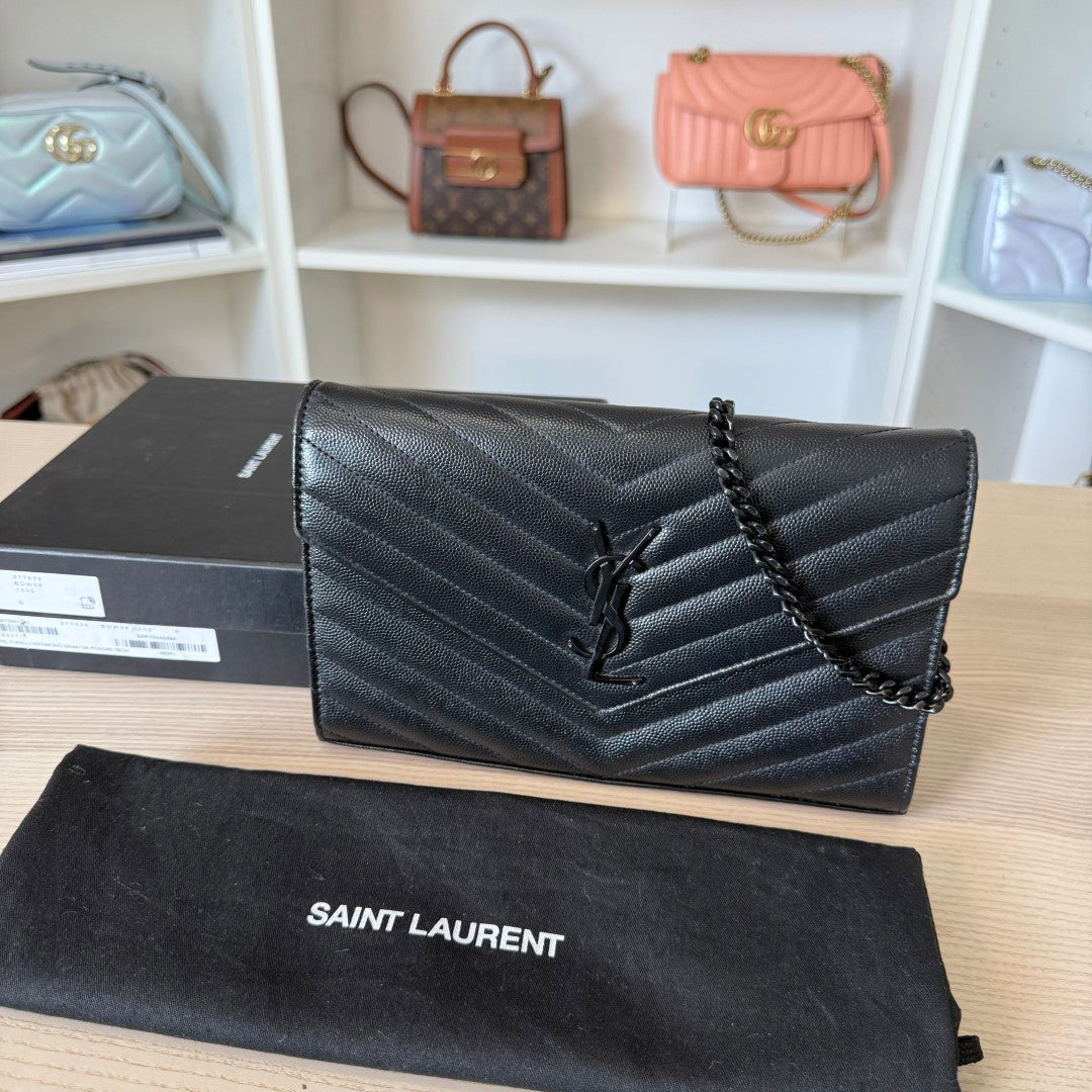 Saint Laurent YSL Monogram Large Wallet on Chain in Grained Leather Black Monochrome