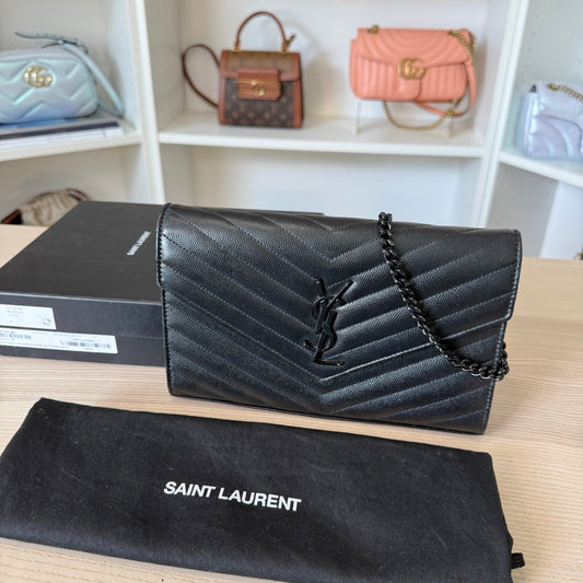 Saint Laurent YSL Monogram Large Wallet on Chain in Grained Leather Black Monochrome