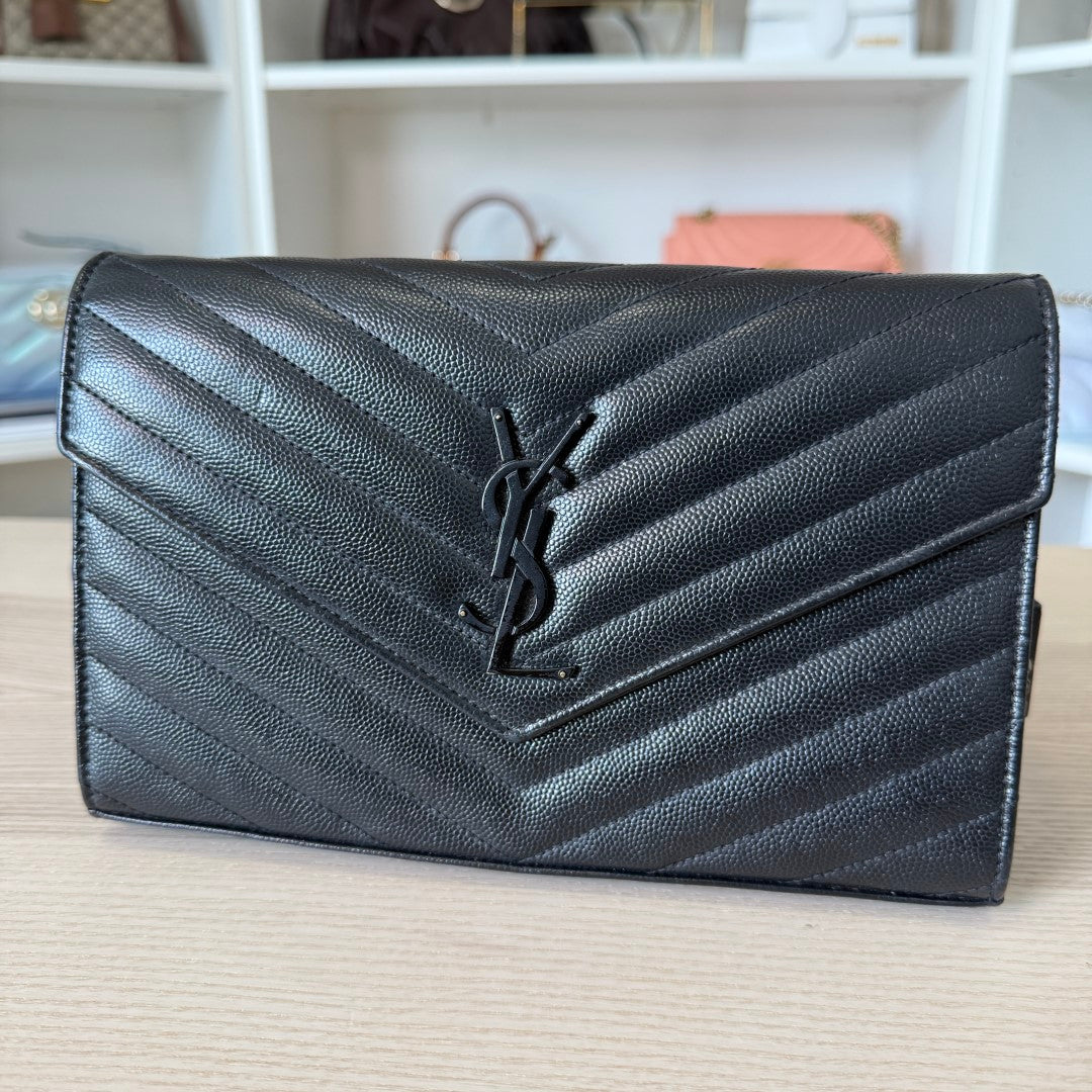 Saint Laurent YSL Monogram Large Wallet on Chain in Grained Leather Black Monochrome