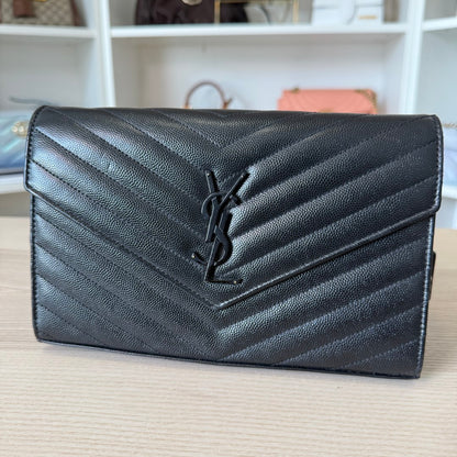Saint Laurent YSL Monogram Large Wallet on Chain in Grained Leather Black Monochrome