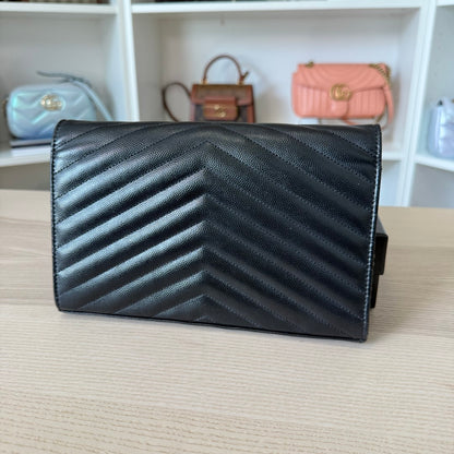 Saint Laurent YSL Monogram Large Wallet on Chain in Grained Leather Black Monochrome