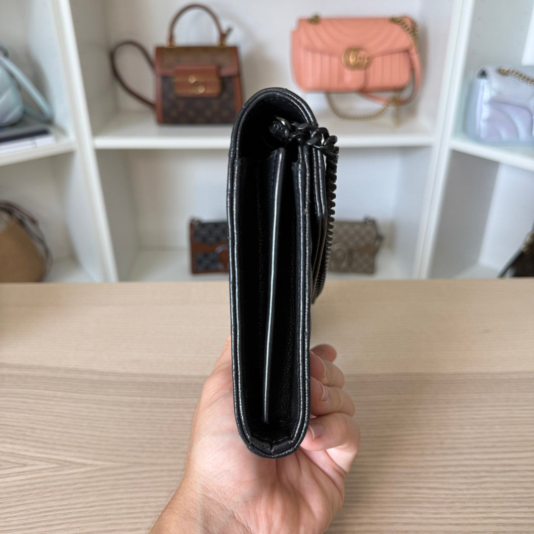 Saint Laurent YSL Monogram Large Wallet on Chain in Grained Leather Black Monochrome